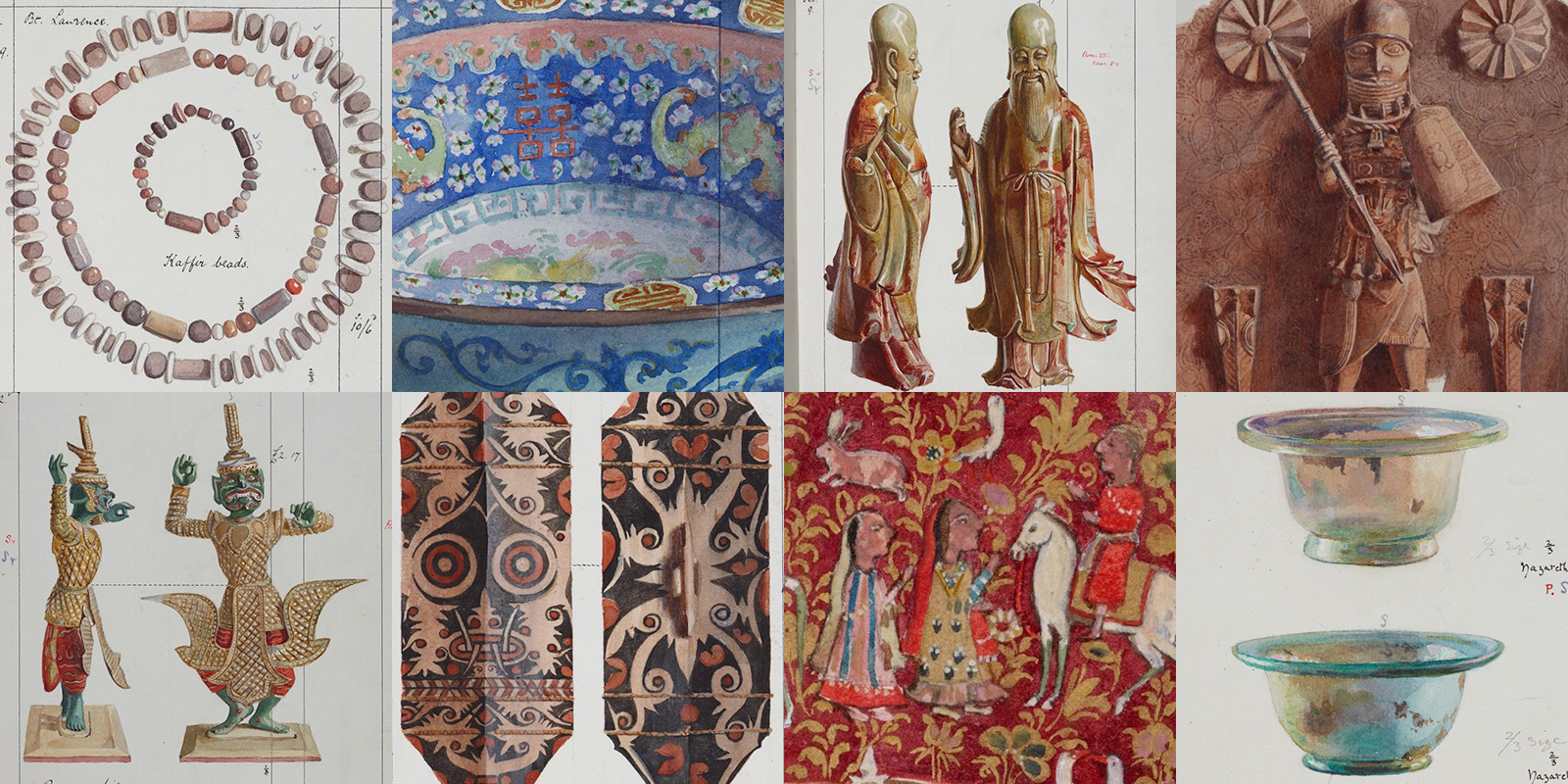 Examples of hand painted illustrations of a remarkable ethnographic collection of objects and artefacts collected by Augustus Pitt Rivers.