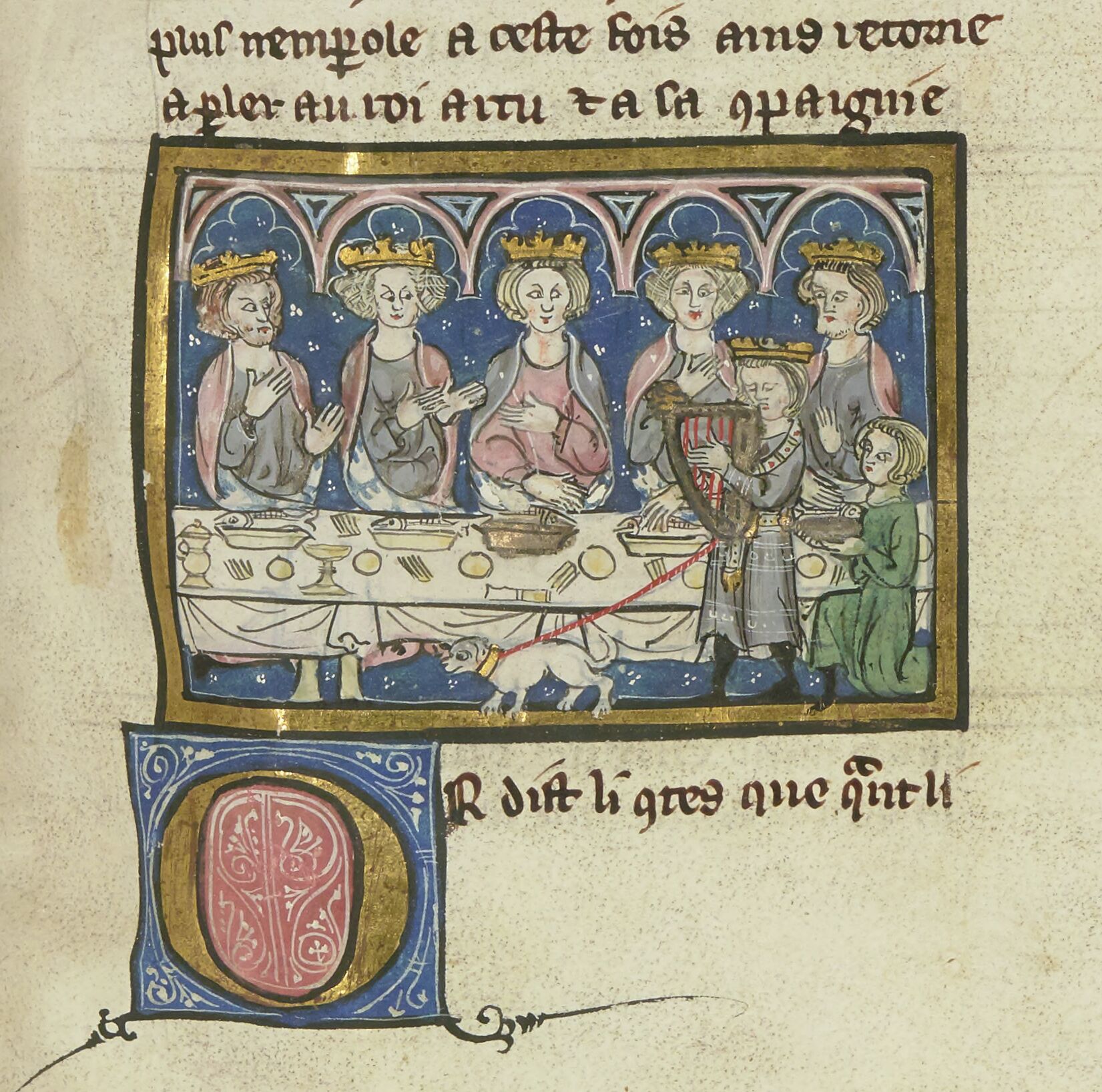 Merlin as a harpist at the court of Arthur, Suite Vulgate du Merlin, BnF, fr. 749 f. 319 (c.1285)
