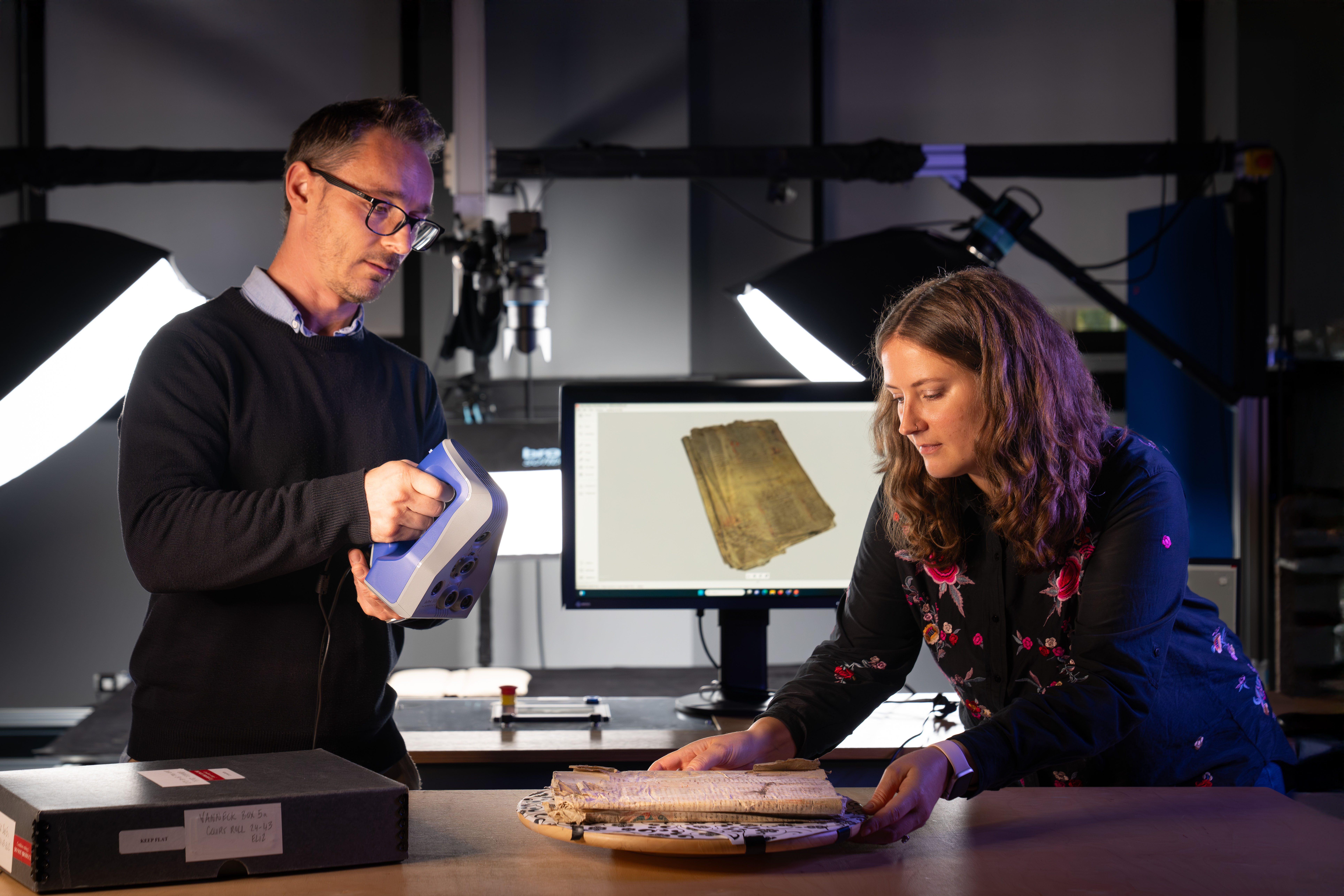 3D scanning of the Merlin manuscript in Cambridge UL, Cultural Heritage Imaging Laboratory